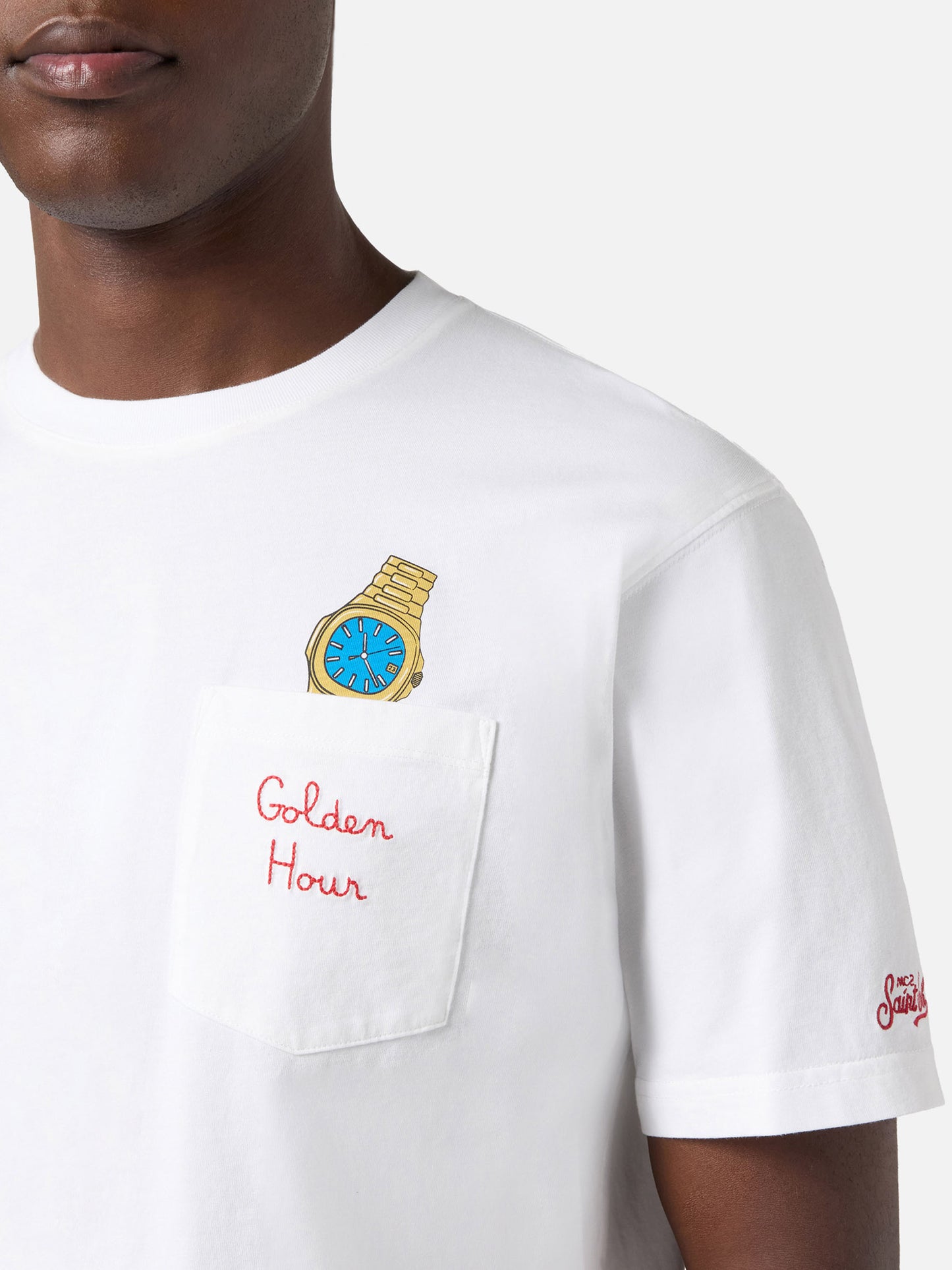 T-shirt Austin bianca con orologio e ricamo Golden Hour