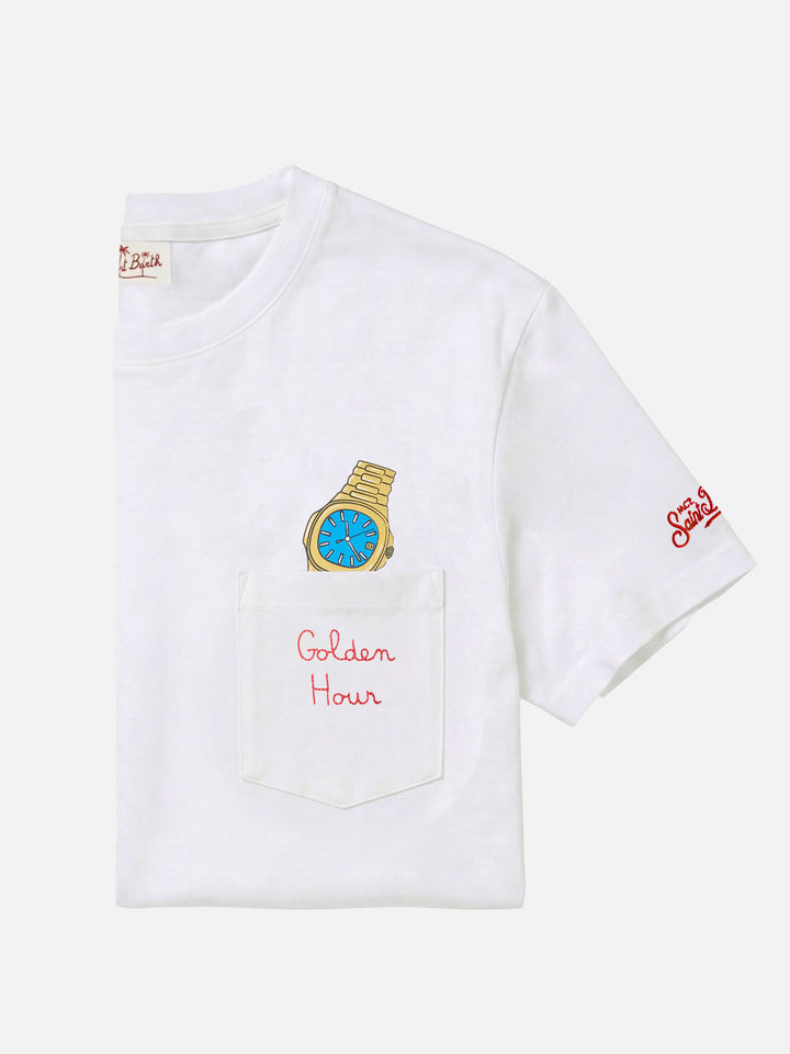 T-shirt Austin bianca con orologio e ricamo Golden Hour