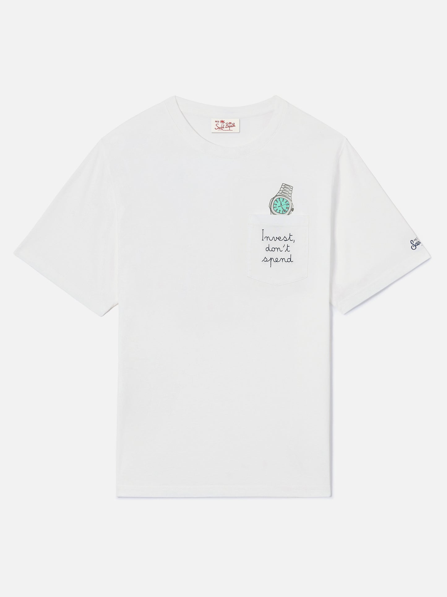 T-shirt Austin bianca con ricamo orologio Invest Don't Spend