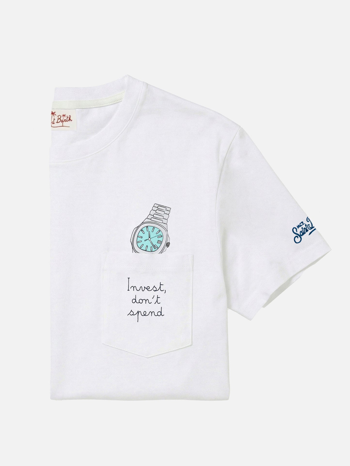 T-shirt Austin bianca con ricamo orologio Invest Don't Spend
