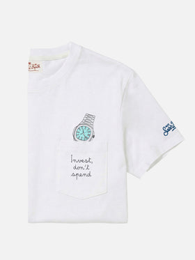 T-shirt Austin bianca con ricamo orologio Invest Don't Spend