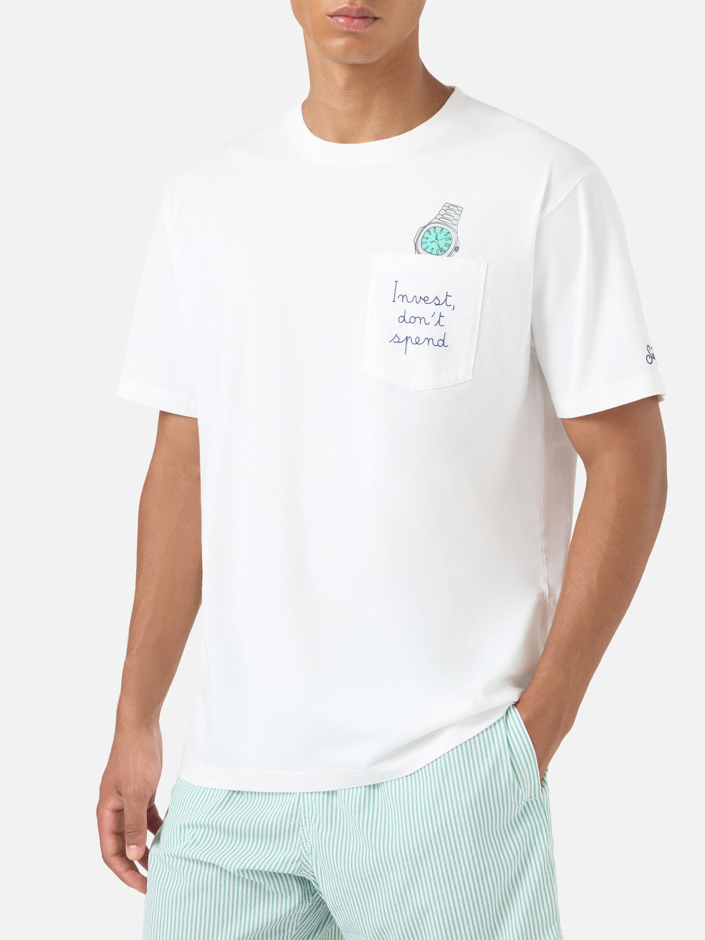 T-shirt Austin bianca con ricamo orologio Invest Don't Spend