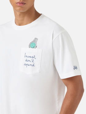 T-shirt Austin bianca con ricamo orologio Invest Don't Spend