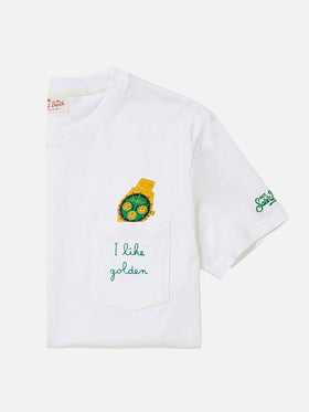 T-Shirt aus Austin-Baumwolle mit Uhren-Print und Stickerei 