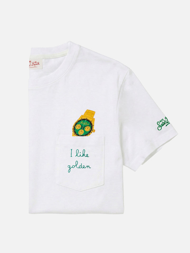 Camiseta de algodón Austin con estampado de reloj y bordado 