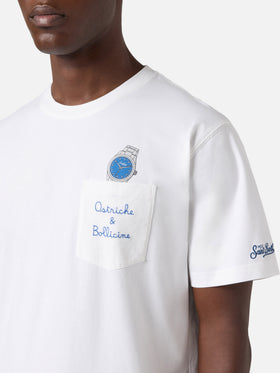 White Austin t-shirt with watch and Ostriche e Bollicine embroidery
