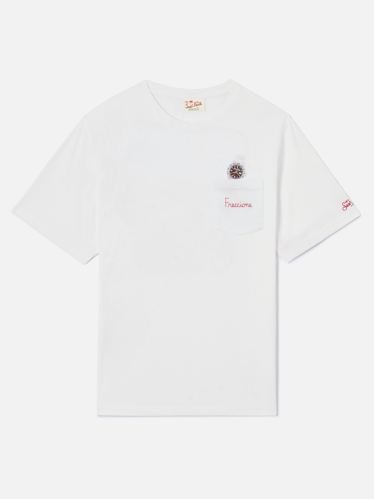 White Austin t-shirt with watch and Freccione embroidery
