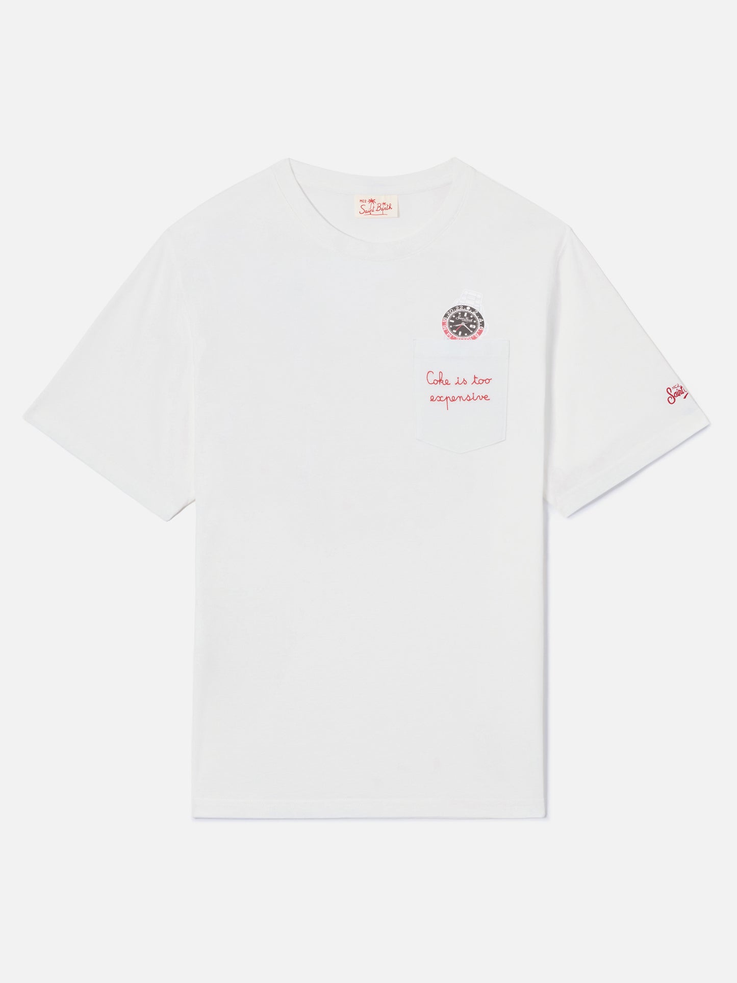 T-shirt Austin bianca con orologio e ricamo Coke Is Too Expensive