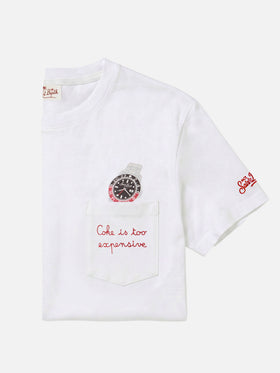 T-shirt Austin bianca con orologio e ricamo Coke Is Too Expensive