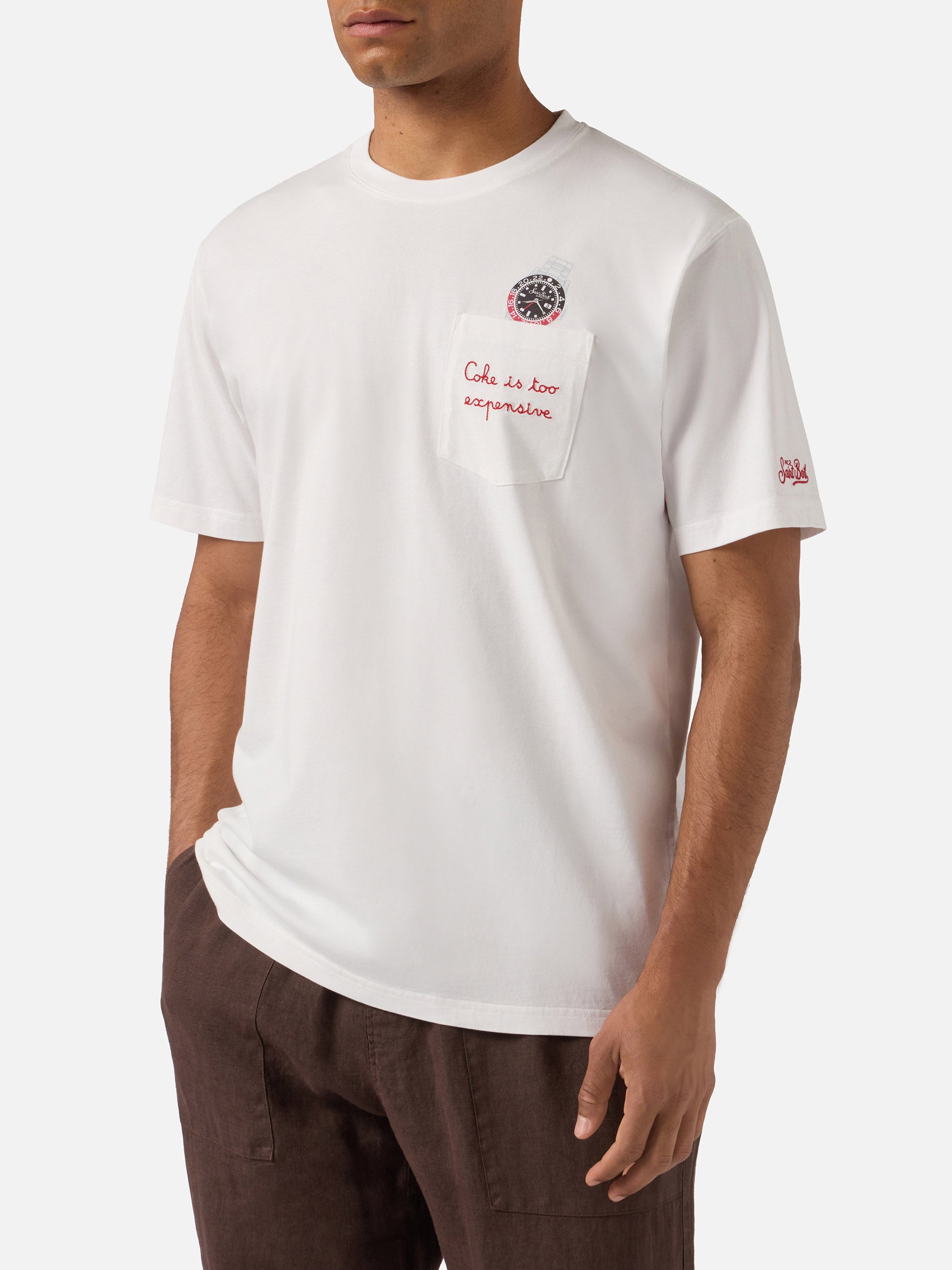 White Austin t-shirt with watch and Coke Is Too Expensive