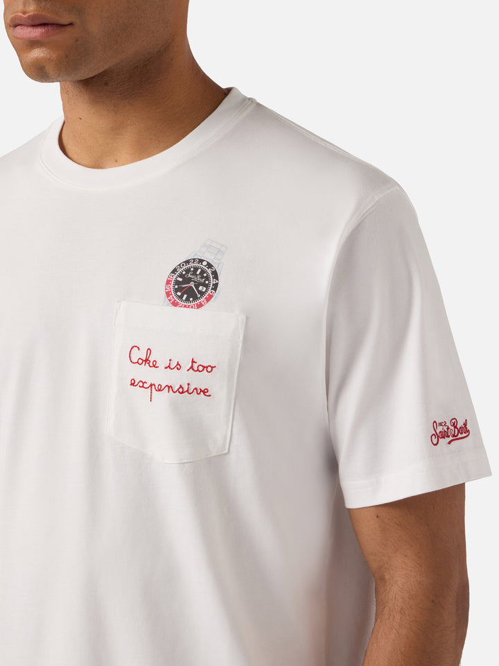 T-shirt Austin bianca con orologio e ricamo Coke Is Too Expensive