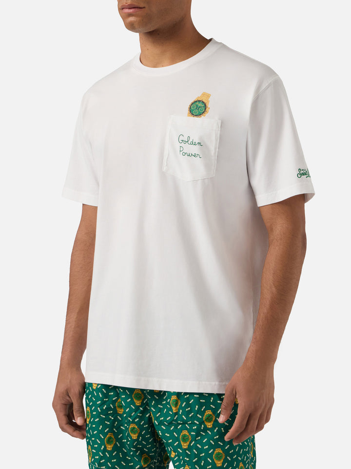 T-shirt Austin bianca con orologio e ricamo Golden Power