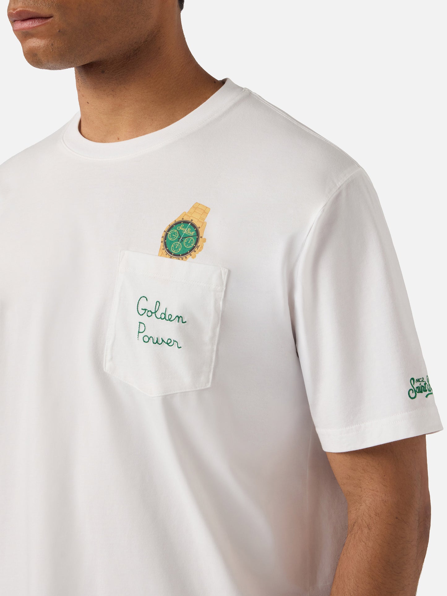 T-shirt Austin bianca con orologio e ricamo Golden Power