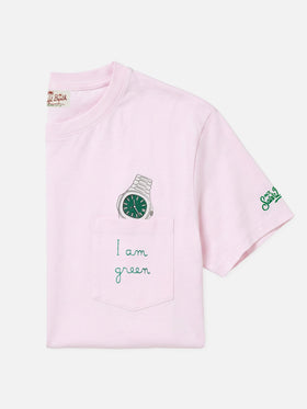 T-shirt Austin rosa con orologio e ricamo I Am Green