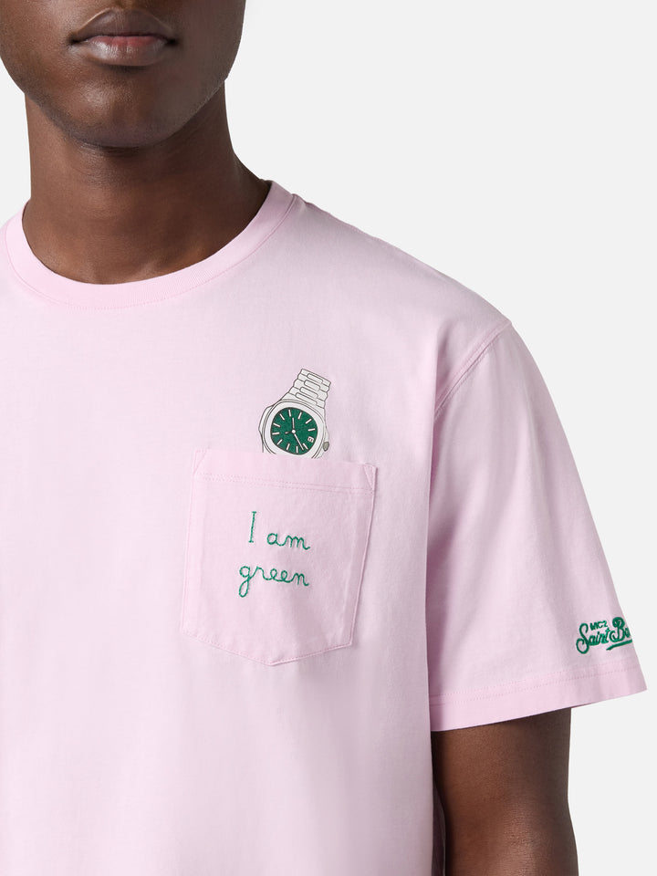 T-shirt Austin rosa con orologio e ricamo I Am Green