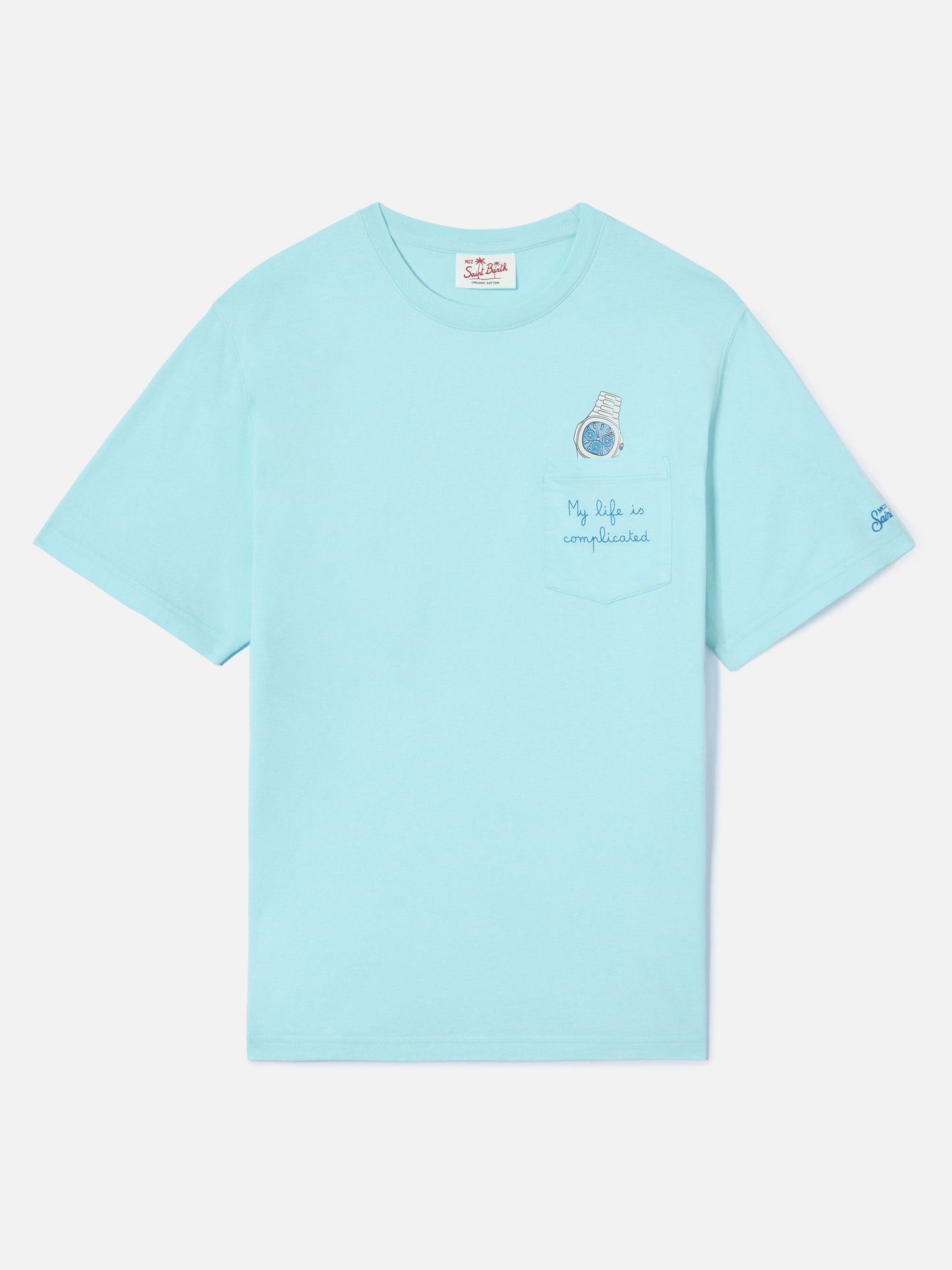 Camiseta Austin azul claro con bordado de reloj y My Life Is Complicated 