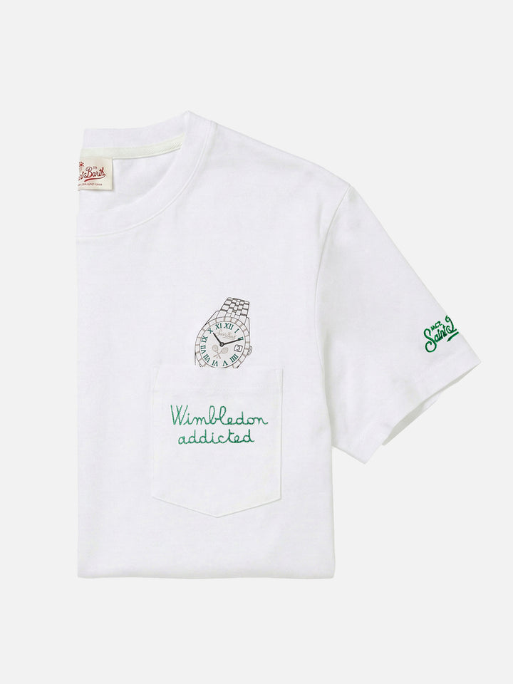White Austin t-shirt with watch and Wimbledon Addicted embroidery
