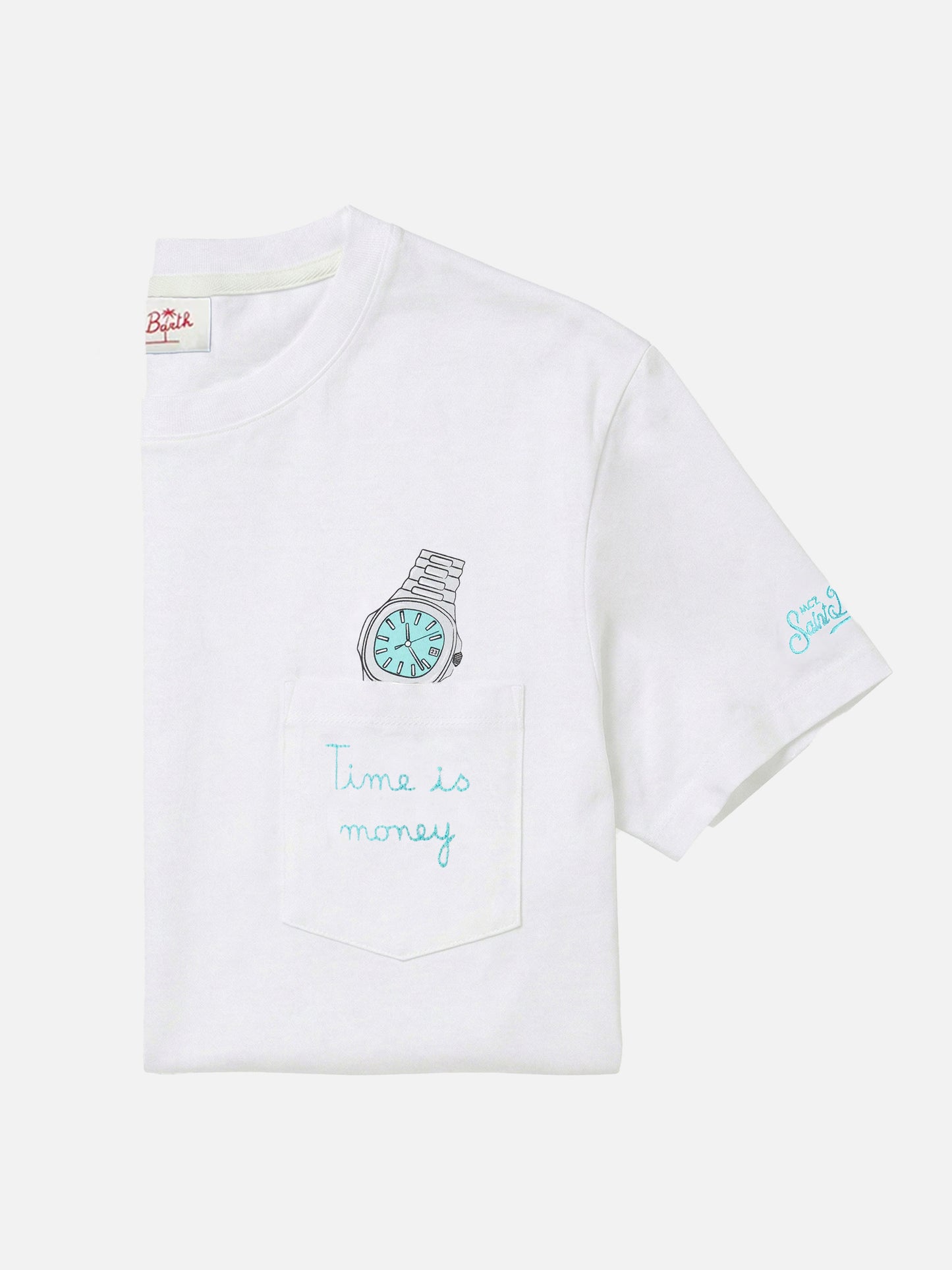 T-shirt Austin bianca con orologio e ricamo Time Is Money