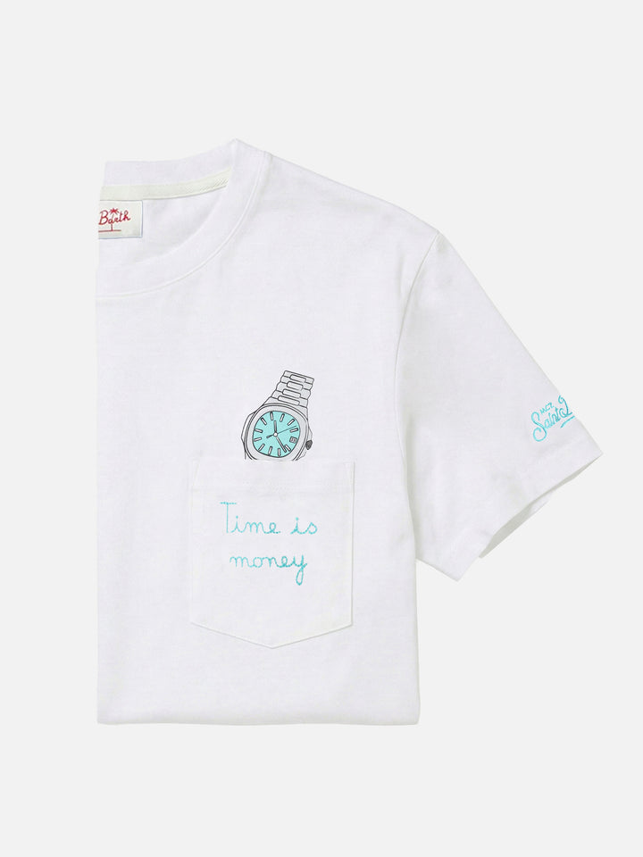 T-shirt Austin bianca con orologio e ricamo Time Is Money