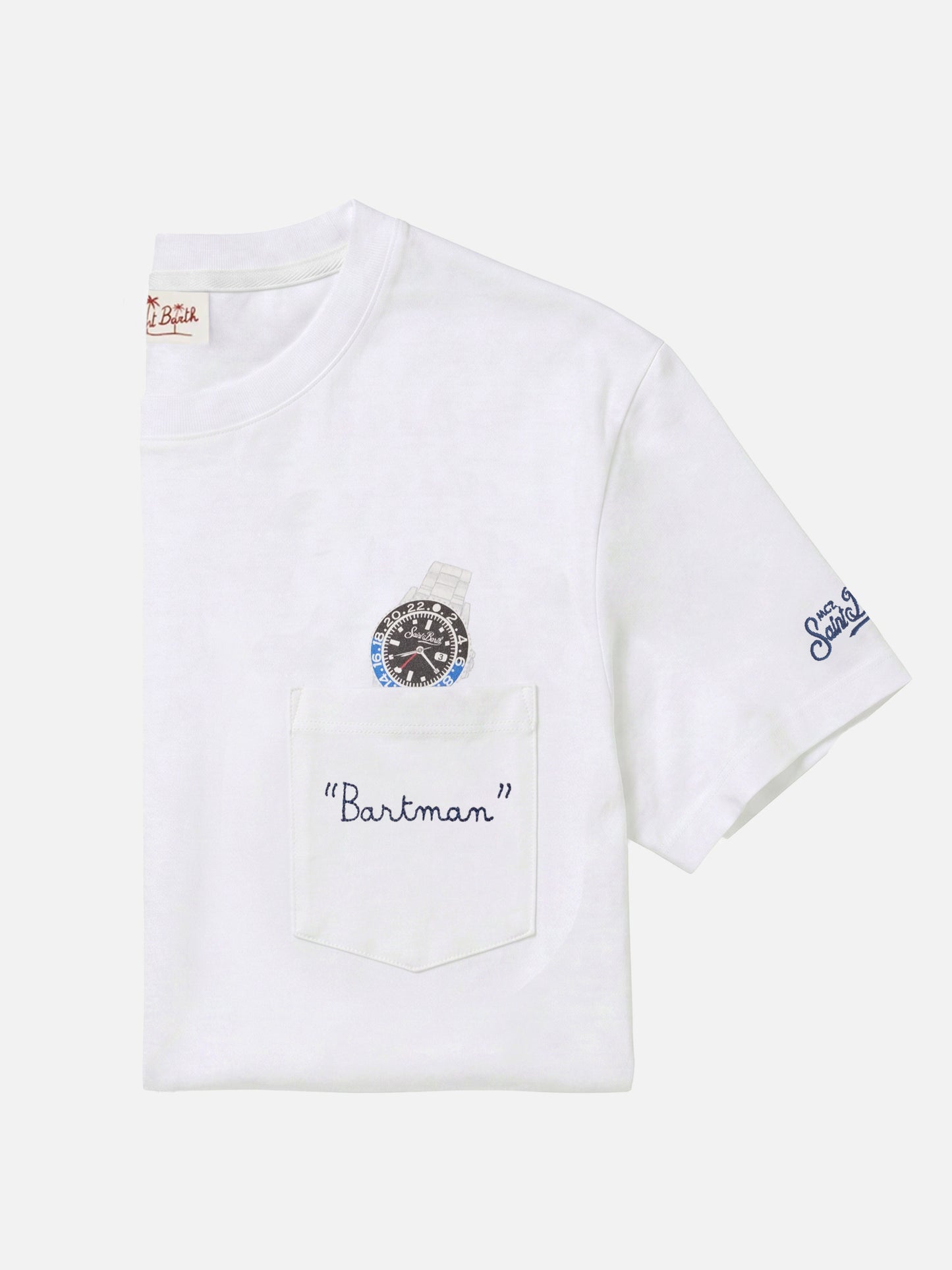 T-shirt Austin bianca con orologio e ricamo Bartman