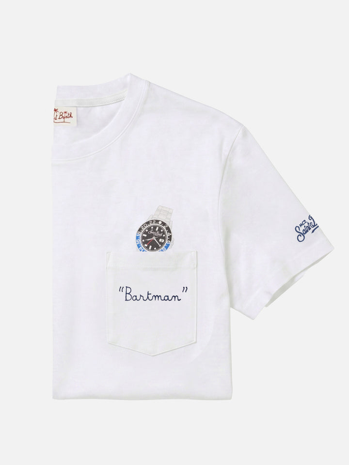 T-shirt Austin bianca con orologio e ricamo Bartman