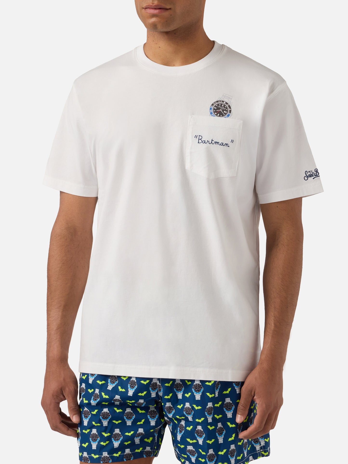 T-shirt Austin bianca con orologio e ricamo Bartman