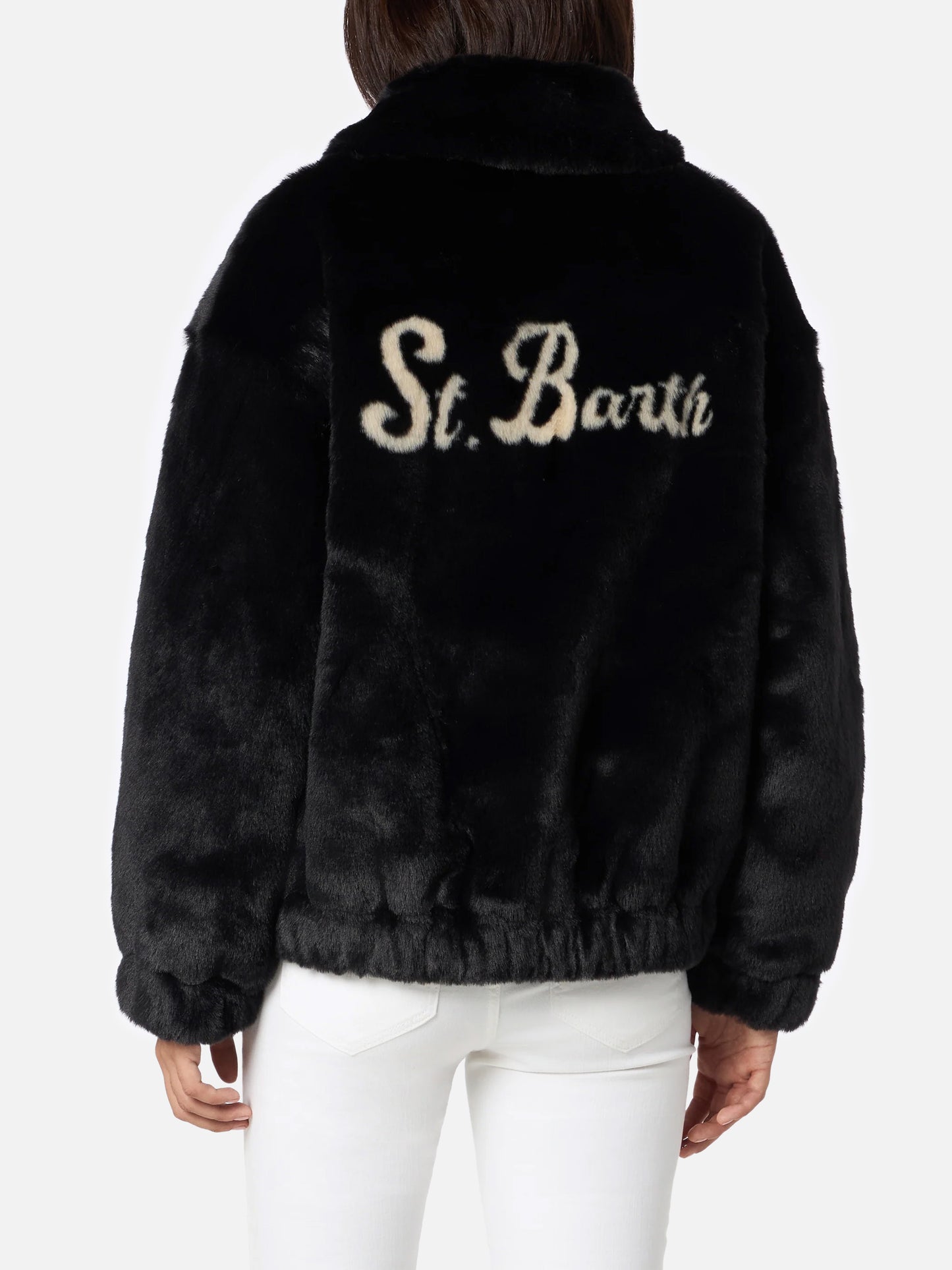 Woman furry bomber Abel with collar and Saint Barth print