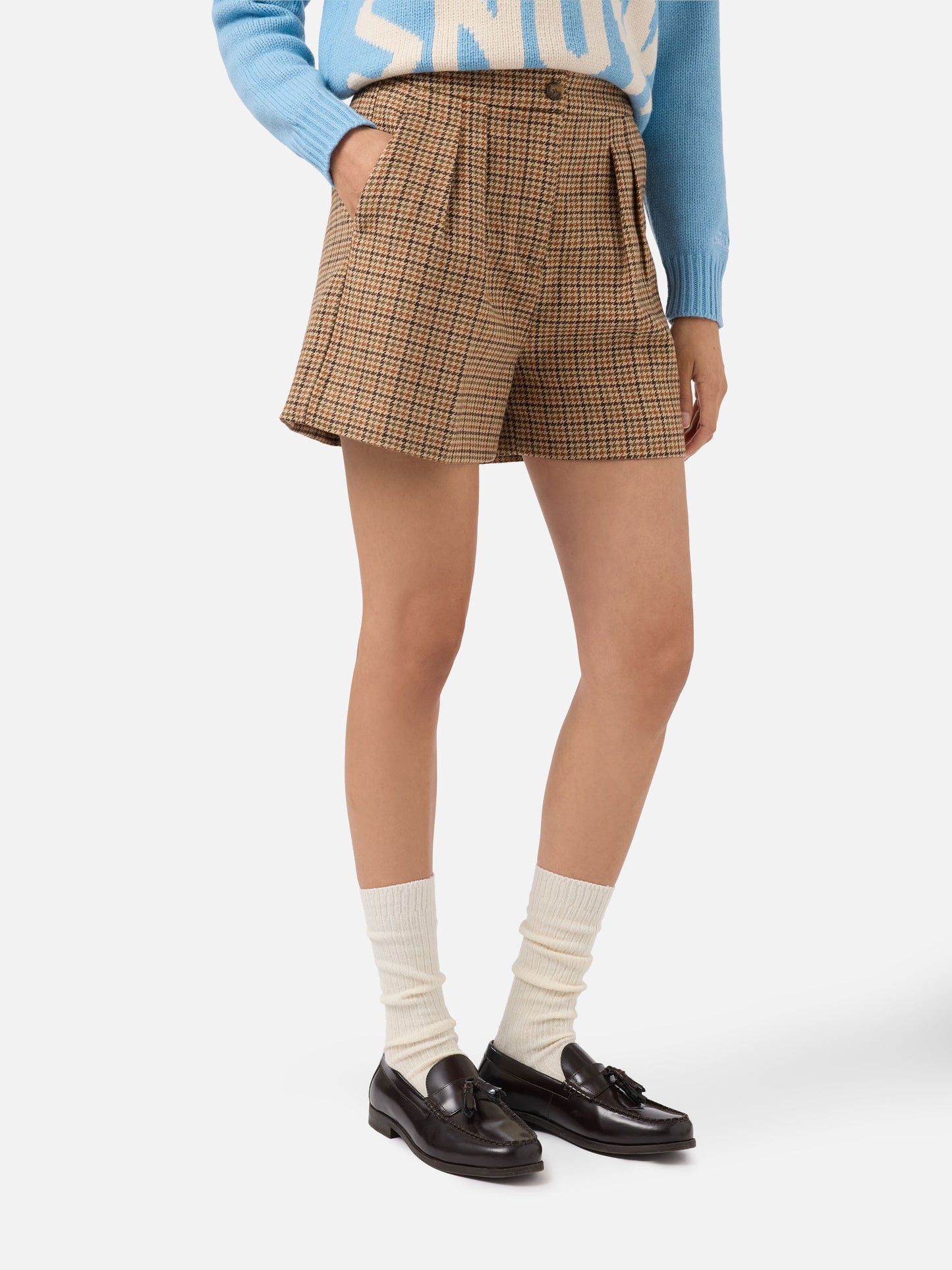 Shorts Aya in tessuto pied de poule con doppia piega