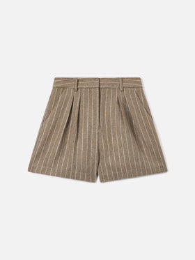 Beige Aya Shorts aus Wollmisch-Flanell mit Nadelstreifen 