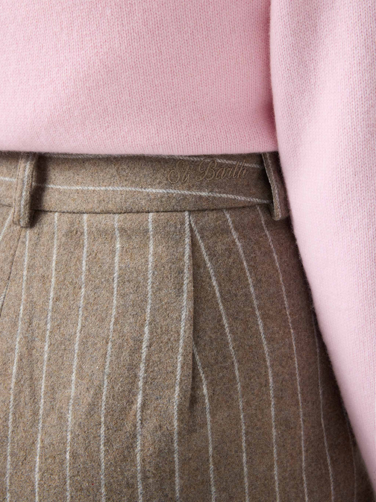 Shorts Aya beige in flanella di misto lana gessata