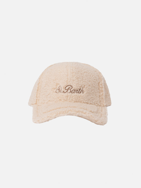 Cappellino da baseball in peluche beige con logo ricamato