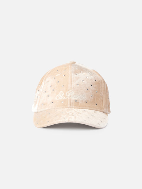 Beige velvet ball cap Baseball with rhinestones embellishment - MC2 Saint Barth