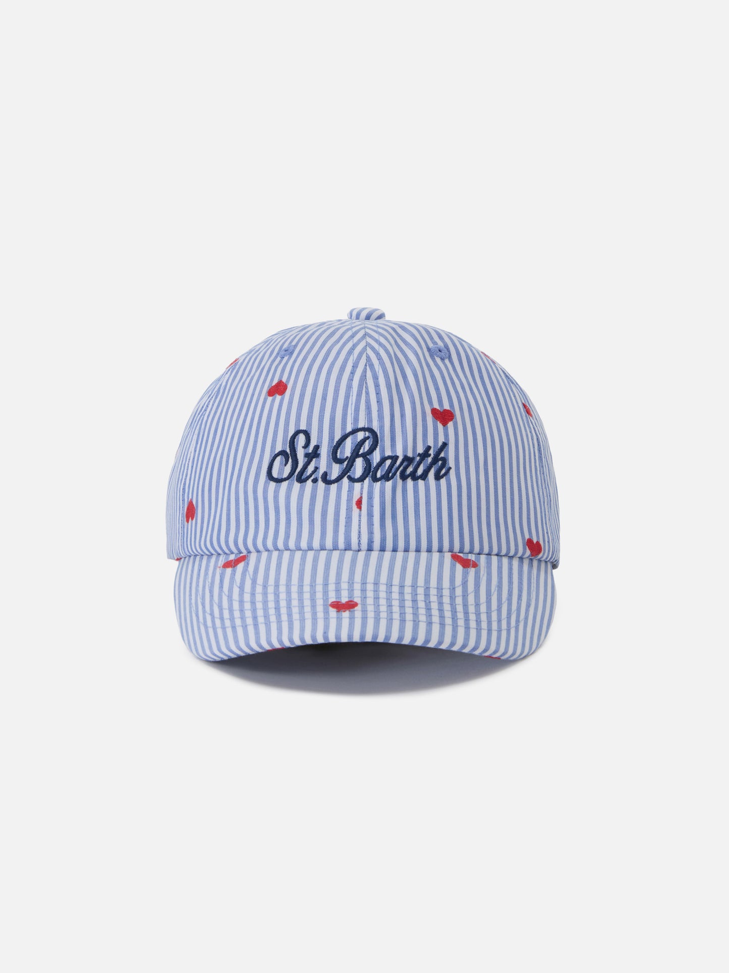 Baseball cap with visor in blue and white striped cotton with heart embroidery