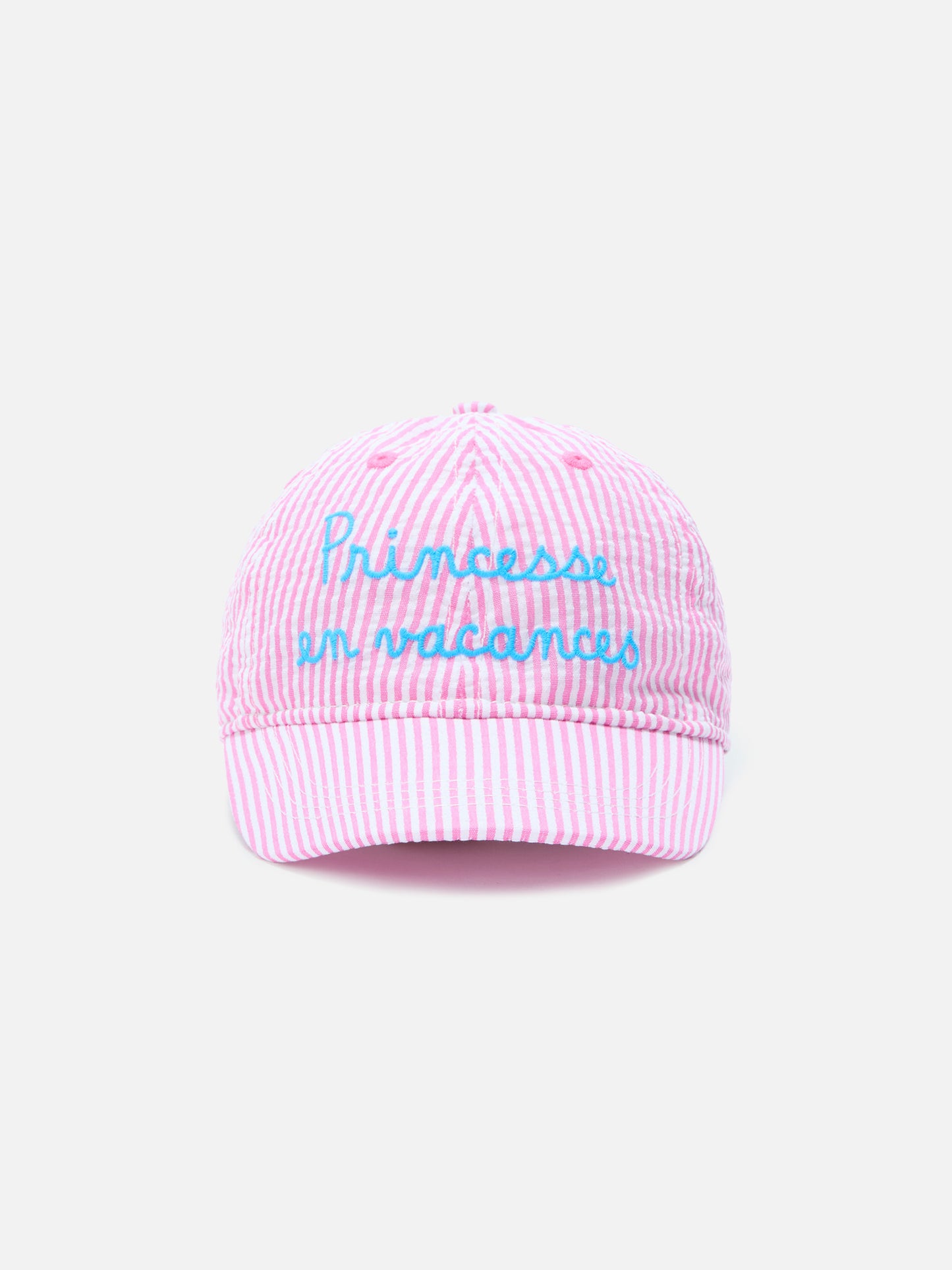 Cappellino Baseball con visiera in cotone seersucker a righe rosa e bianche con ricamo