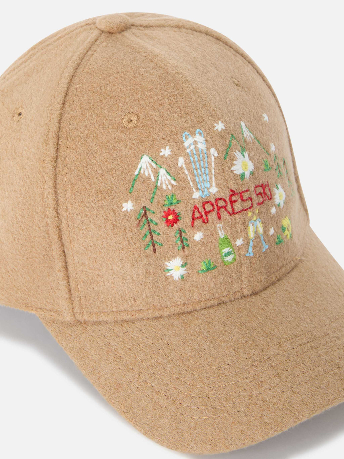 Cappello Baseball beige in feltro con ricamo paesaggio di montagna