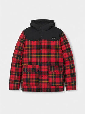 Red Baxter Tex hooded down jacket with tartan print