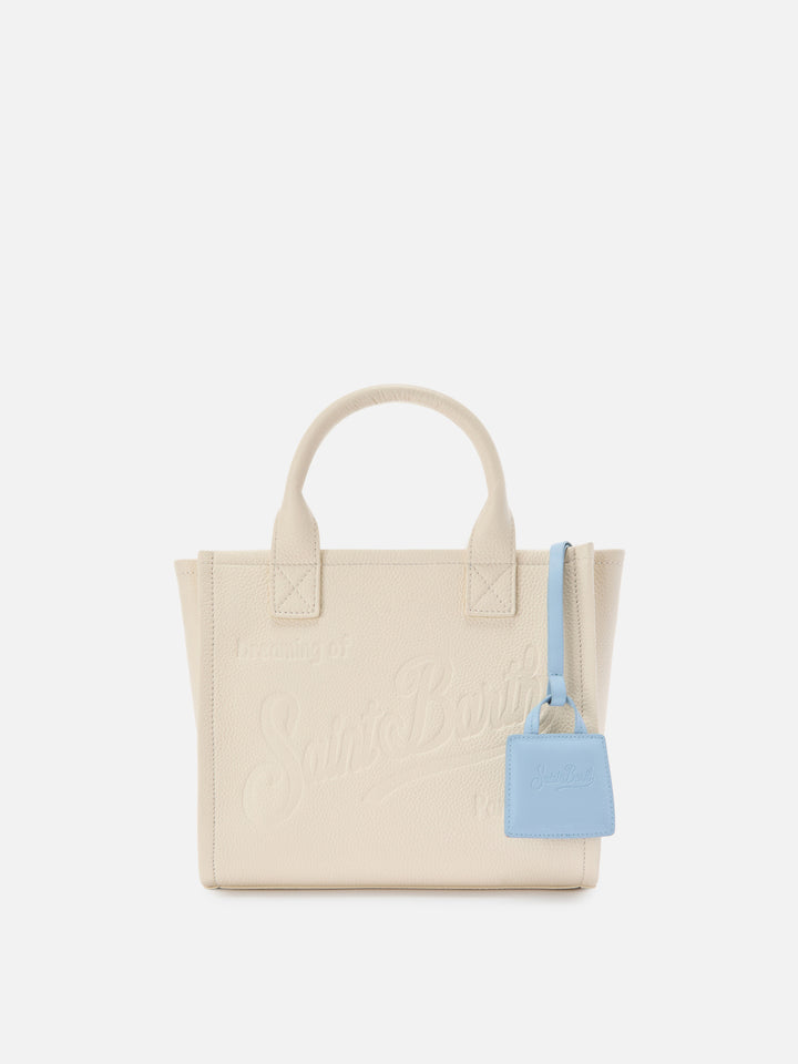 Bag charm in pelle liscia azzurro con logo impresso