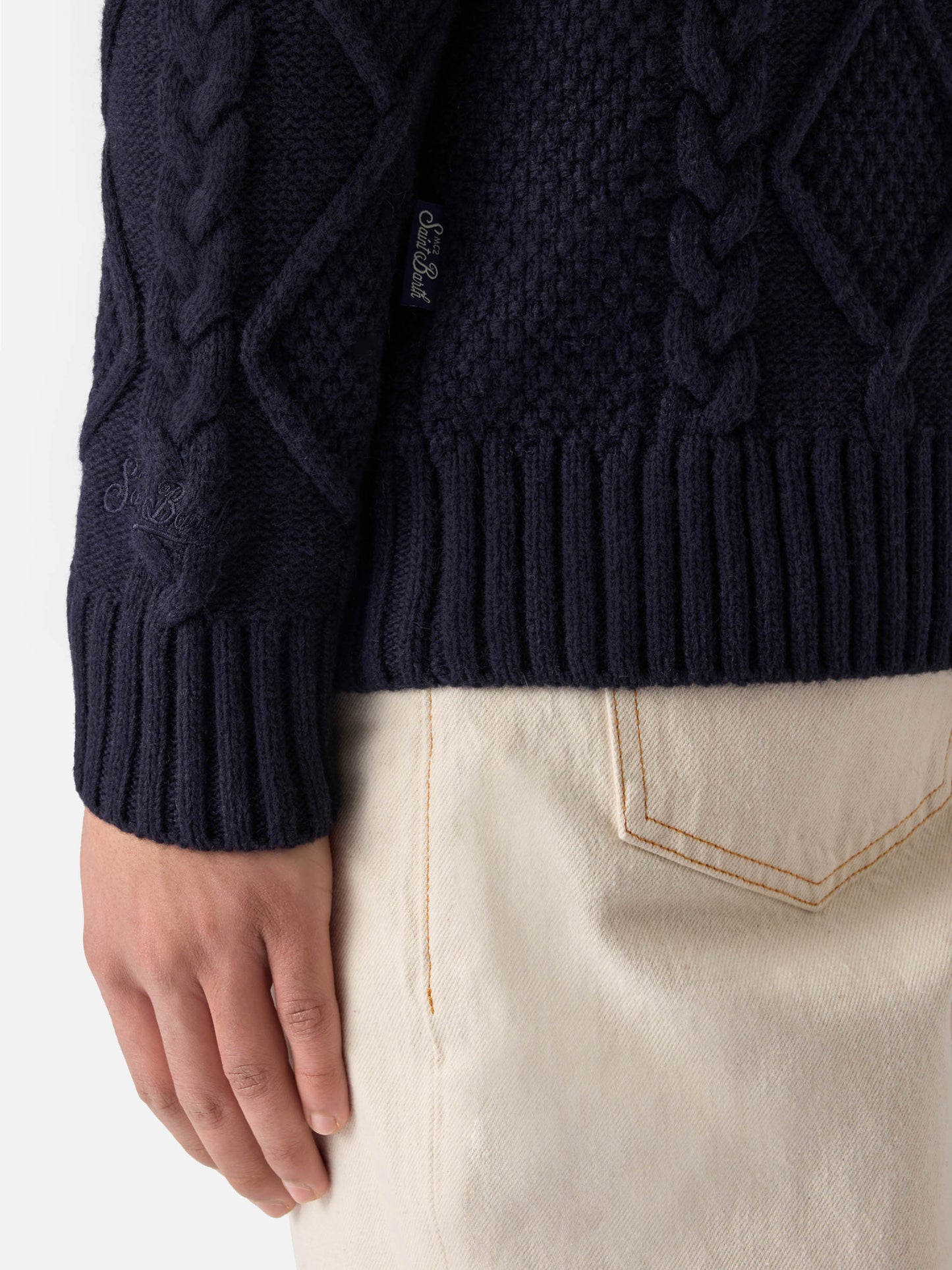 Blue crewneck sweater Bergen Tricot with Cortina Natale '83 embroidery