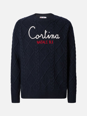 Blue crewneck sweater Bergen Tricot with Cortina Natale '83 embroidery