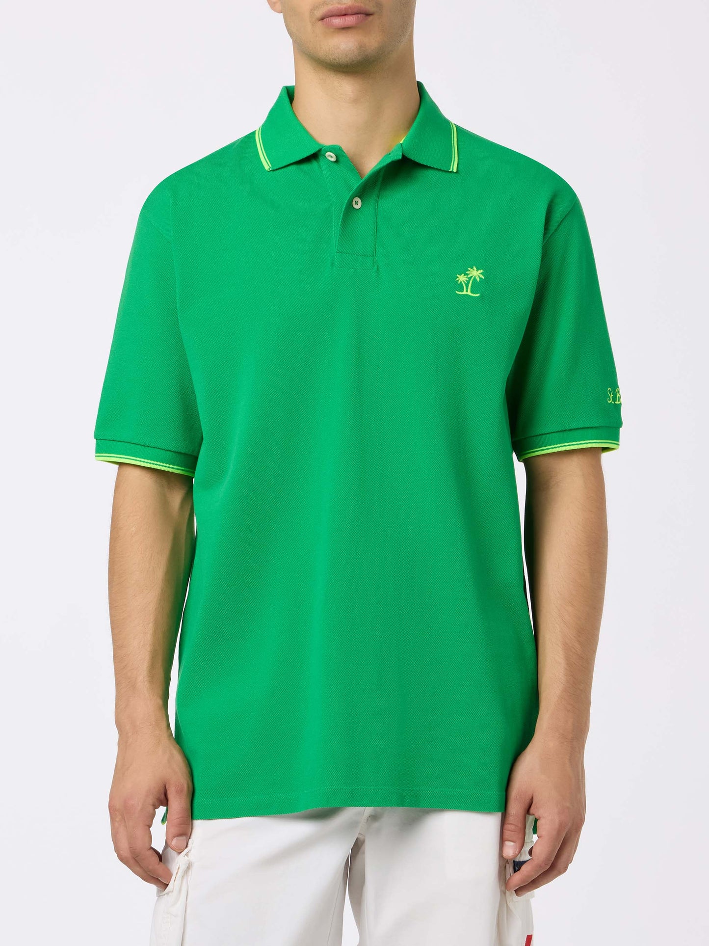 Man green cotton piquet polo shirt Beverly Hills with palm embroidery - MC2 Saint Barth