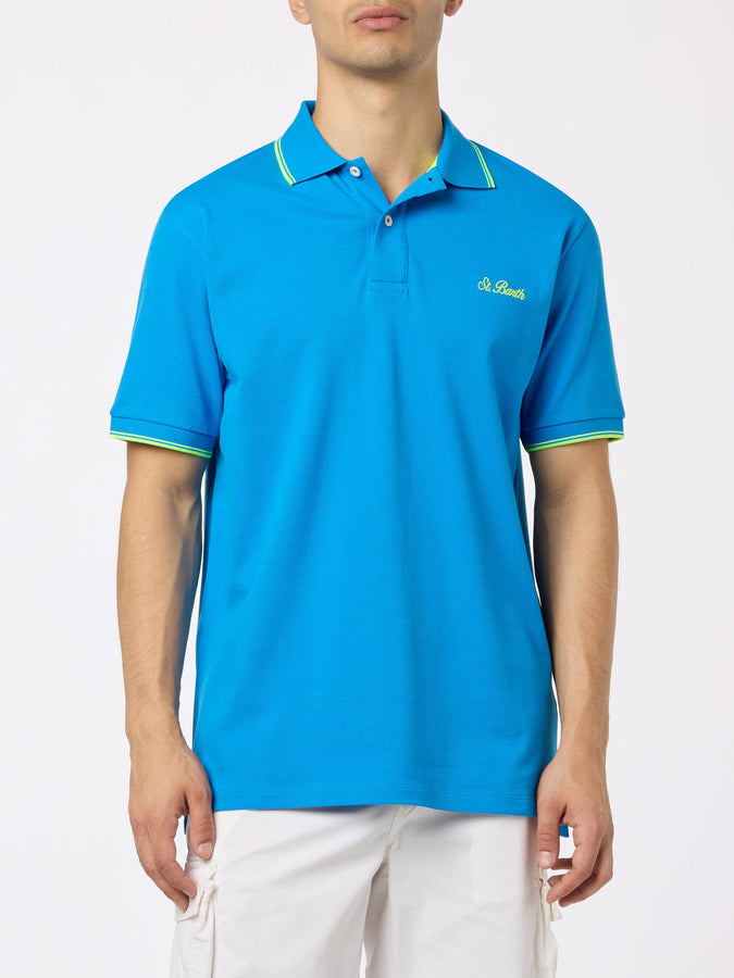 Mc2 Saint Barth Man bluette cotton piquet polo shirt Beverly Hills with palm embroidery