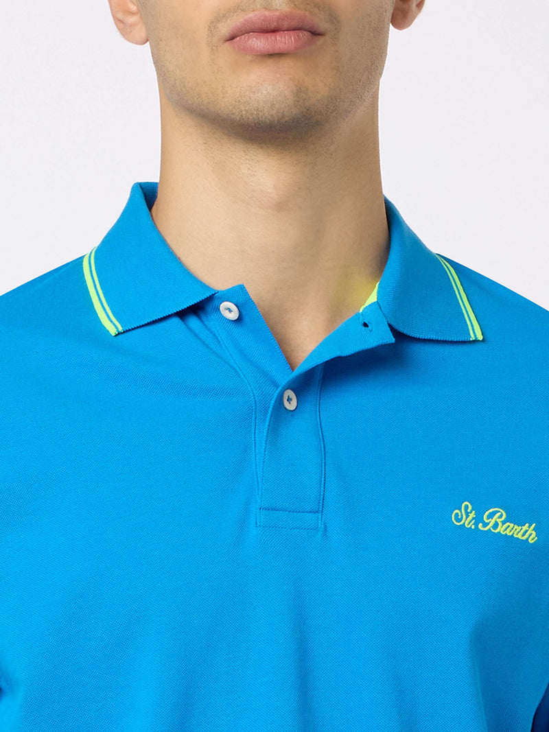 Man bluette cotton piquet polo shirt Beverly Hills with palm embroidery