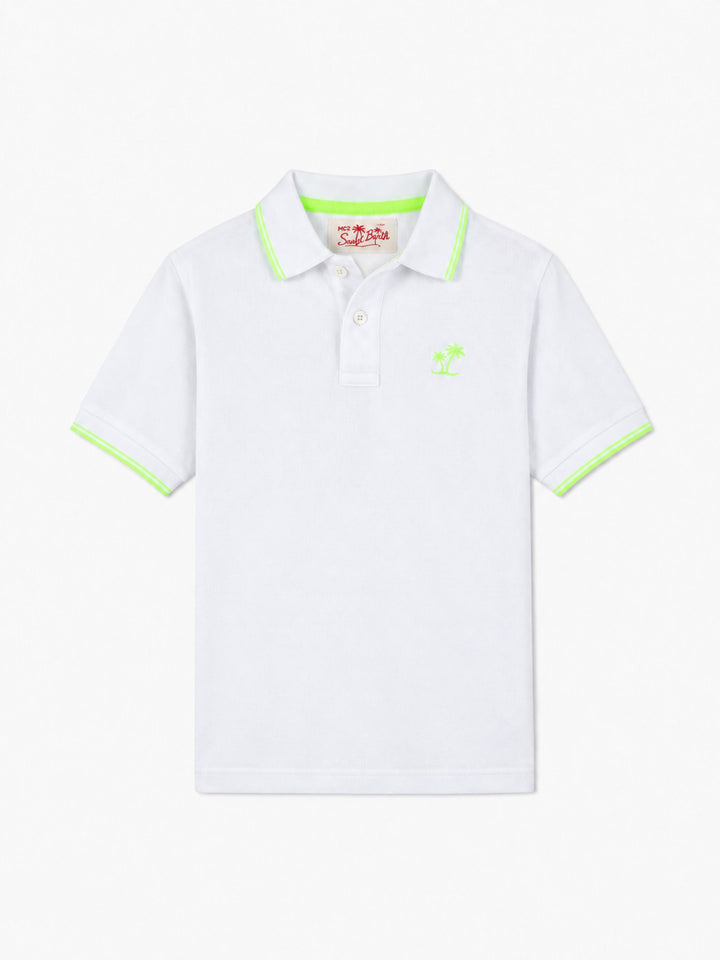 Polo da bambino in piquet bianco con logo St. Barth giallo fluo