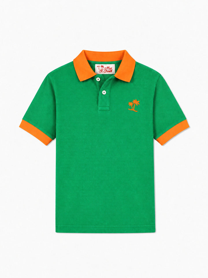 Polo da bambino in piquet verde con logo St. Barth arancione