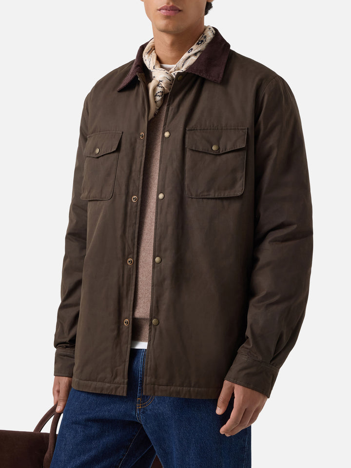 Military green Bexley waxed overshirt with corduroy collar