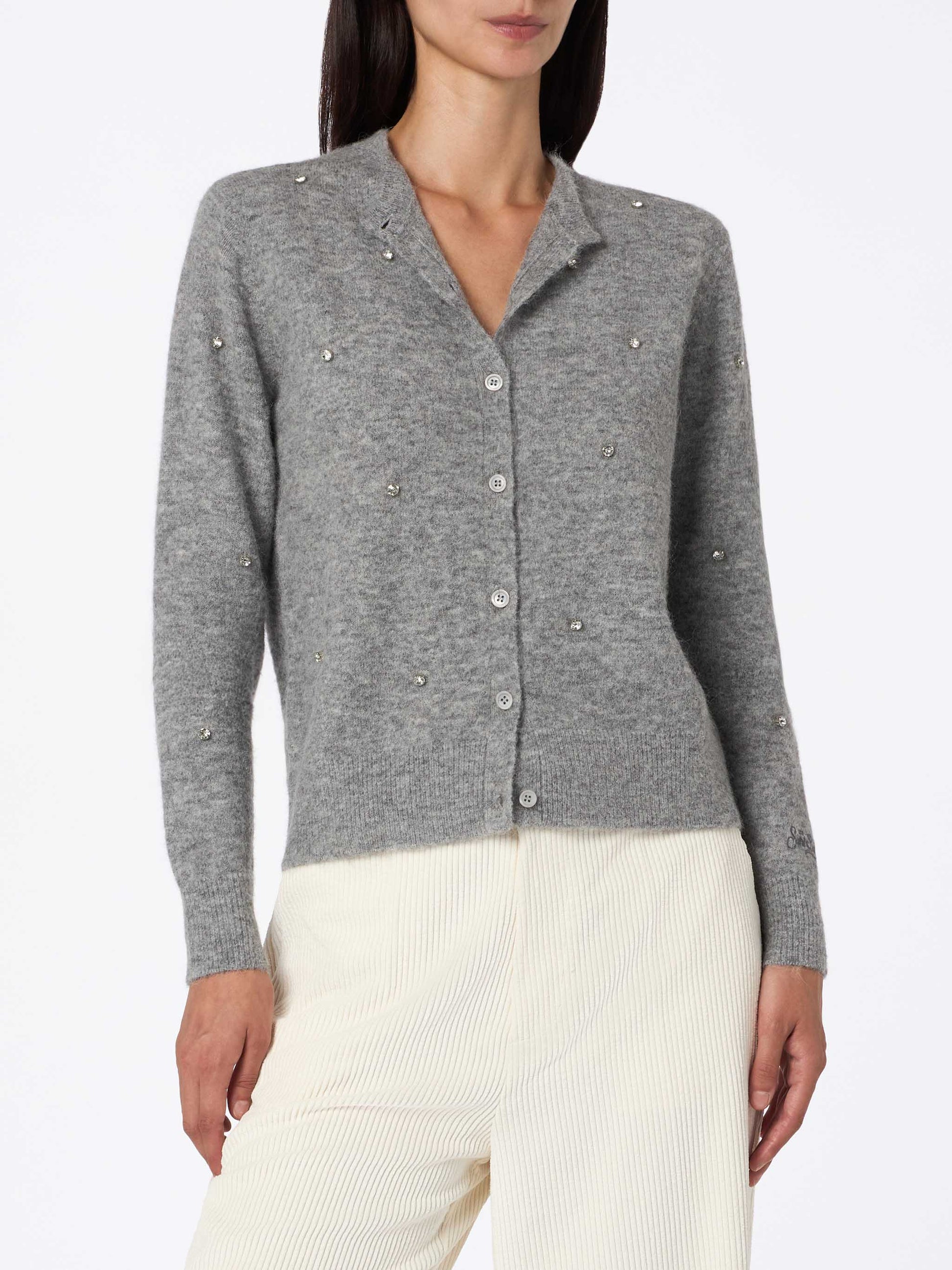 Woman grey cardigan Bellamy with silver rhinestones - MC2 Saint Barth