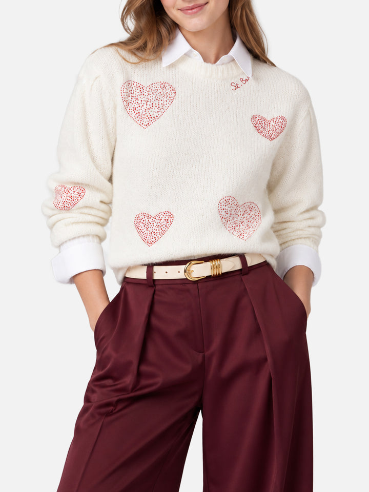 Bloom Soft white brushed sweater with red rhinestone hearts