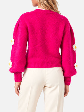 Maglia Bloom in filato spazzolato fucsia con fiori crochet 