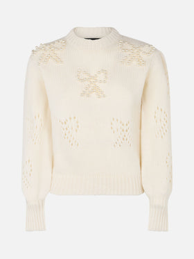 Woman white sweater Bloom with pearl-like beads - MC2 Saint Barth