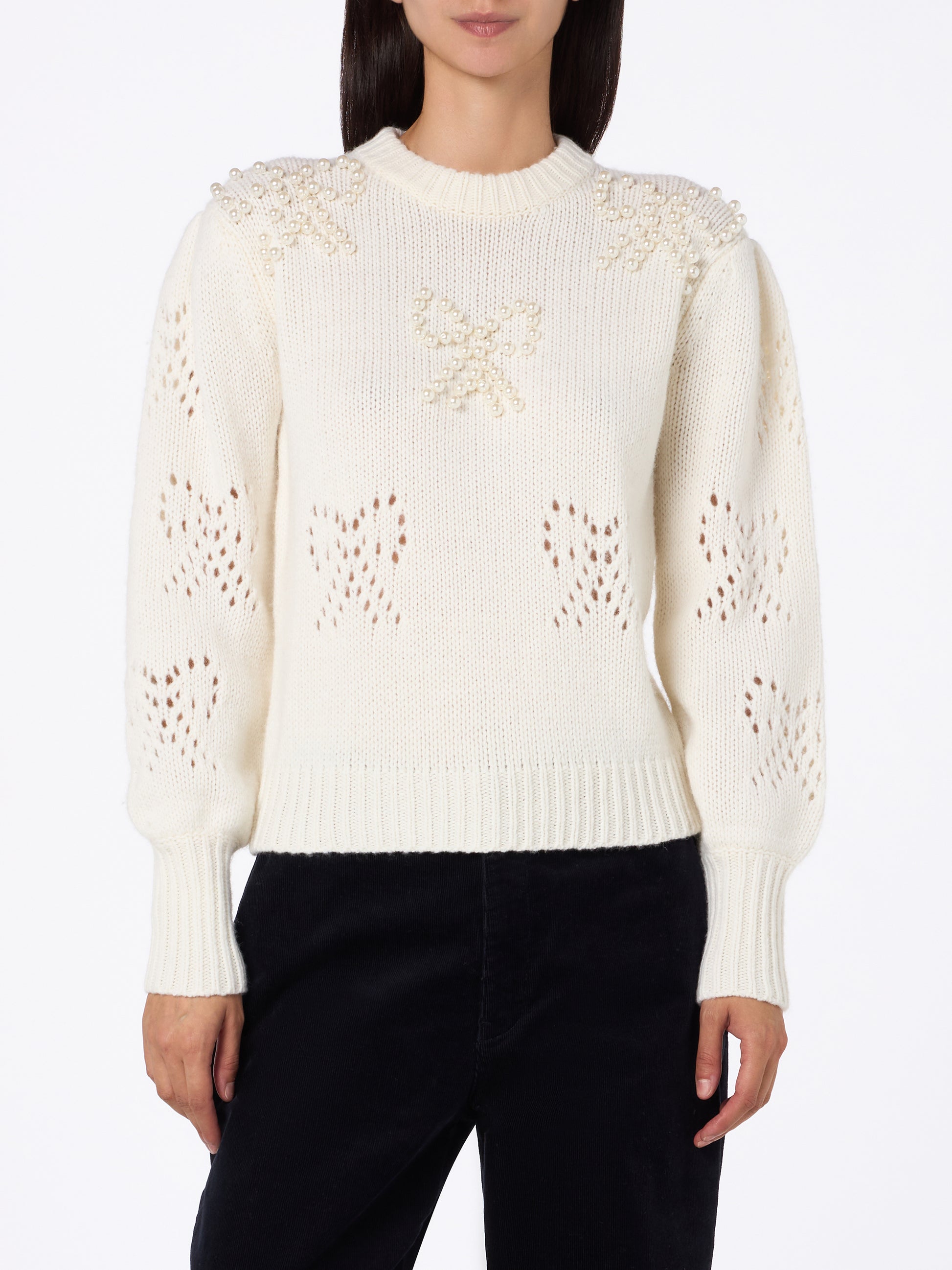 Woman white sweater Bloom with pearl-like beads - MC2 Saint Barth